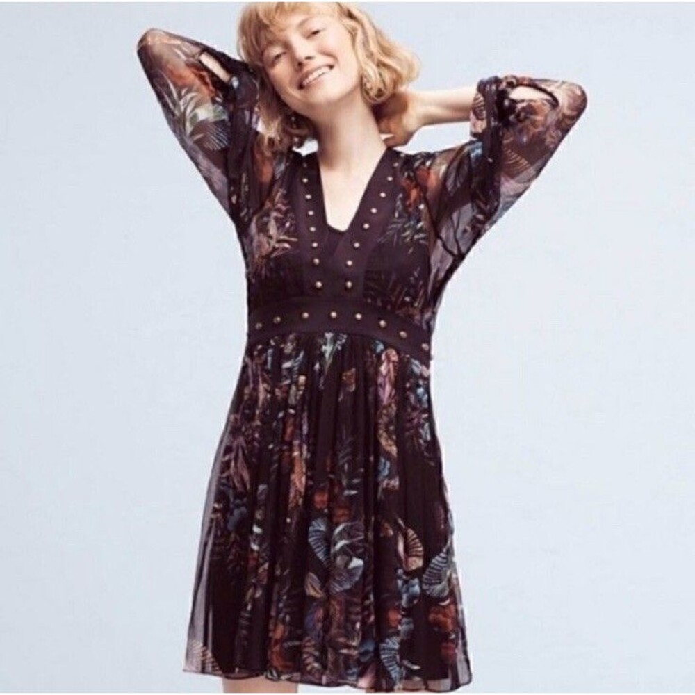 Maeve (Anthropologie) Nighttime Florals Chiffon Studded Mini Dress Size 4 Boho
